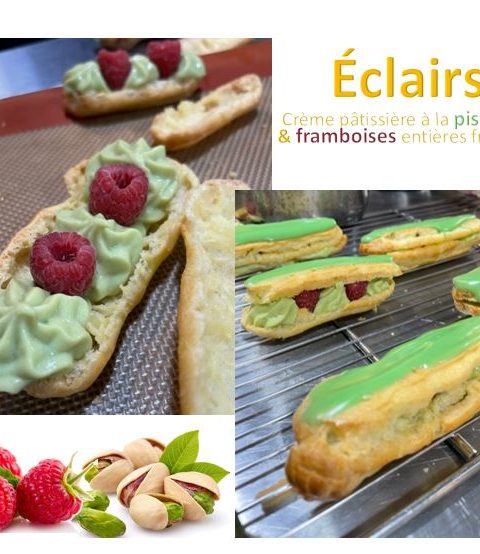 mini éclairs à la crème pâtissière de pistache et aux framboise